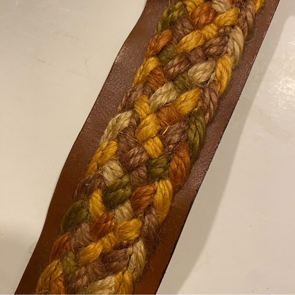 Woven multi color thread basket weave brown leather boho hippie belt XXS XS - Picture 2 of 11